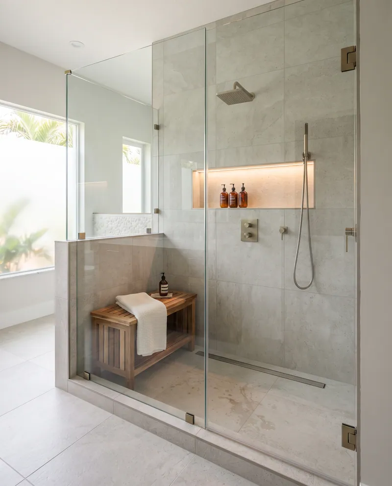 Illustration of a walk-in glass shower with large-format tile and a lit niche